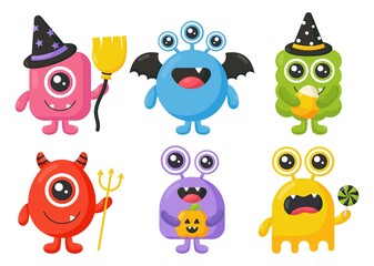 Cartoon monster cute happy monsters halloween on white background. vector Illustration.