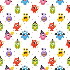 Cartoon monster cute happy monsters halloween seamless pattern on white background. vector Illustration.