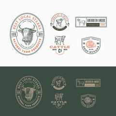 Best Local Cattle Farm Retro Framed Badges or Logo Templates Collection. Hand Drawn Beef Steak and Cows Animals Sketches with Retro Typography. Vintage Sketch Emblems Set. Isolated