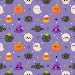 Fototapeta premium Halloween seamless pattern with funny spooky on purple background. vector Illustration.