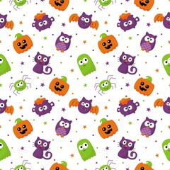 Halloween seamless pattern with funny spooky on white background. vector Illustration.