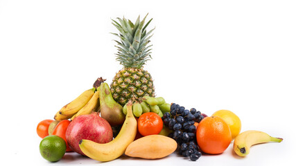 Plakat Mix of fresh juicy colorful exotic tropical fruits on white background