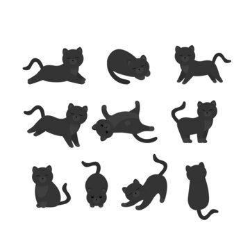 This is a set of black cats in different poses isolated on a white background.