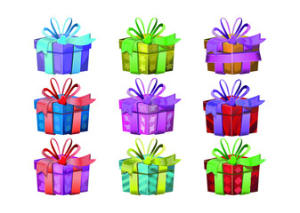 Set Of Gift Boxes With Bows And Ribbons Cartoon Illustration On White