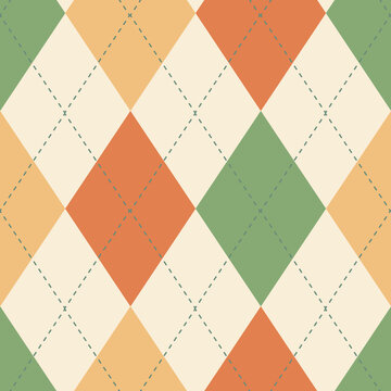 Classic argyle seamless vector pattern background. Geometric green, beige, orange, yellow backdrop. Overlay of intercrossing lines on solid multicolor diamond shapes. Scottish inspired repeat