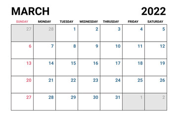 2022 March Calendar Vector
