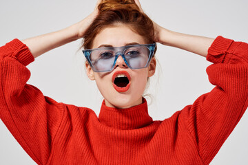 beautiful woman modern style sunglasses light background