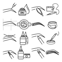 Beauty Eyebrows Tattoo collection outline icons set.