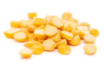 Micro close-up and details of Organic Indian Bengal Gram (Cicer arietinum) or split yellow chana dal  isolated over white background.
