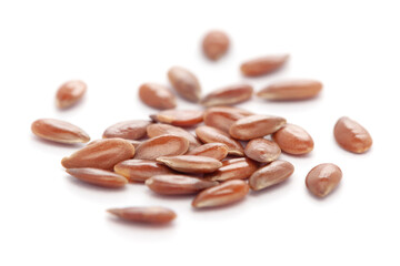 Micro close-up and details of Organic Indian Brown flaxseeds (Linum usitatissimum) or linseed or Alsi isolated over white background.