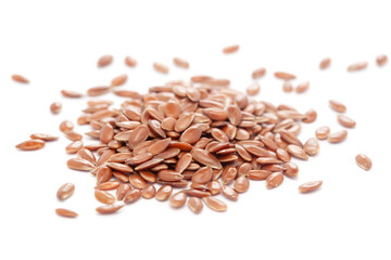 Micro close-up and details of Organic Indian Brown flaxseeds (Linum usitatissimum) or linseed or Alsi isolated over white background.