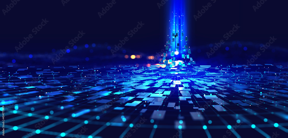 Aufkleber Smart city and big data connection technology concept 3d illustration. Sci-fi Skyline, Blue Neon lights. Wireless digital connection and internet of things future