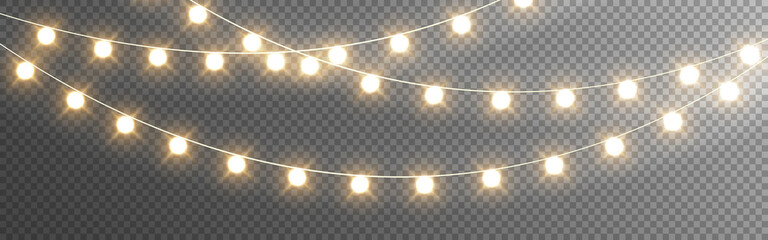 Christmas lights. Realistic garlands on transparent backdrop. Bright glowing elements. Light bulbs for greeting card, poster or web. Vector illustration