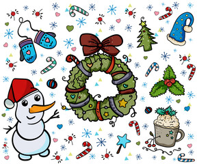 Christmas Wreath and Snowman Wintertime and Cute Traditional Toys Vector