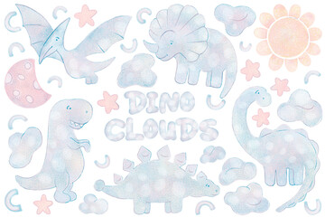 Obraz na płótnie Canvas Funny cartoon dinosaurs. Cute Dino characters. Heaven and clouds, stars, sky. Backdrop for textile and fabric.