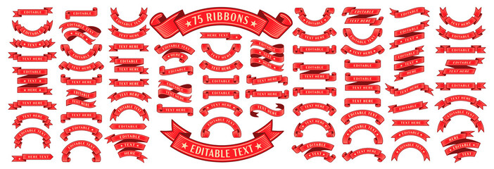 Set of 75 Ribbons. Ribbon elements. Starburst label. Vintage. Modern simple ribbons collection. Vector illustration with editable text - obrazy, fototapety, plakaty