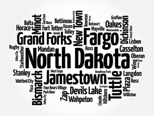 List of cities in North Dakota USA state, word cloud concept background
