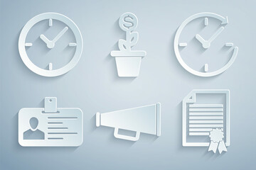 Set Megaphone, Clock with arrow, Identification badge, Certificate template, Dollar plant in the pot and icon. Vector