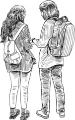 Freehand drawing of student couple standing together outdoors