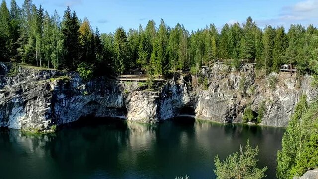Marble quarry with the lake in Ruskeala park on a sunny day. Scenic view in Karelia
