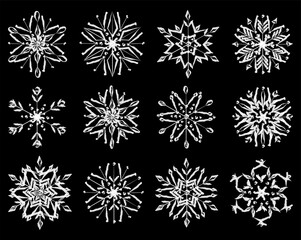 Set of vector watercolor brush drawings of decorative christmas snowflakes