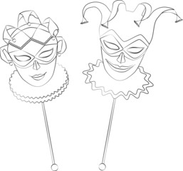 Vector contour drawing of male and female carnival masks