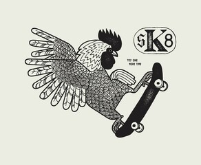 SK8. Rooster skateboarding. Vintage minimalistic typography skateboarding vector illustration t-shirt print. © Handdraw
