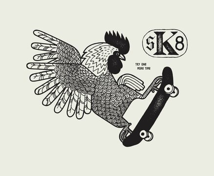 SK8. Rooster skateboarding. Vintage minimalistic typography skateboarding vector illustration t-shirt print.