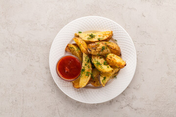 fried potato wedges with tomato sauce