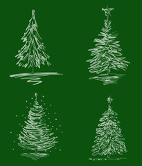 Vector contour watercolor brush drawings of set various christmas trees