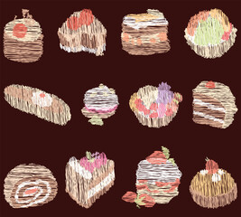 Vector doodle drawings of set various sweet brownies