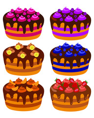 Large set of cakes with banana, strawberry, raspberry, blueberry, blackberry, tangerine, chocolate and cream frosting isolated on white. Vector illustration.