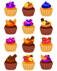 Large set of muffins with banana, strawberry, raspberry, blueberry, blackberry, tangerine, chocolate and cream frosting isolated on white. Vector illustration.