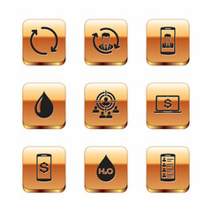 Set Refresh, Smartphone with dollar, Water drop H2O, Marketing target strategy, and contact icon. Vector