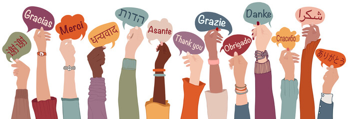 Raised arms and hands of multi-ethnic people from different nations and continents holding speech bubbles with text -thank you- in various international languages.Communication.Equality - obrazy, fototapety, plakaty