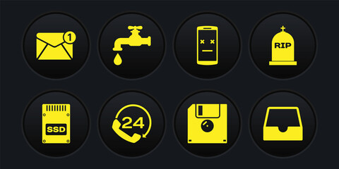 Set SSD card, Tombstone with RIP written, Telephone 24 hours support, Floppy disk, Dead mobile and Water tap icon. Vector