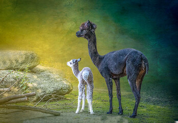 a mother and baby alpaca