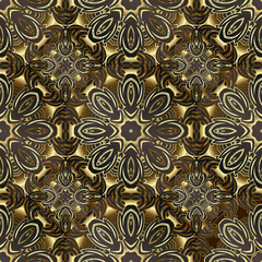 Ornate gold Baroque vector seamless pattern. Surface gold 3d background. Damask antique ornaments. Vintage flowers, scroll leaves. Luxury design in baroque Victorian style. Modern endless texture