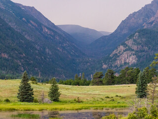 Nature landscape of meadows, forest and mountains.