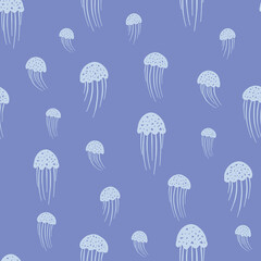 Purple and blue jellyfish ocean seamless repeat pattern print background. Vector illustration. Great for kids and home decor projects. Surface pattern design.