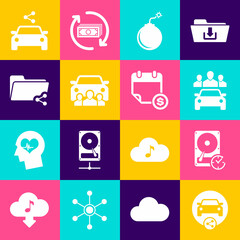 Set Car sharing, Hard disk drive with clockwise, , Bomb ready to explode, and Share folder icon. Vector