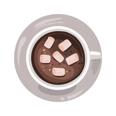Vector illustration of a cup of coffee drink with marshmallows top view. Isolated on white background. 
