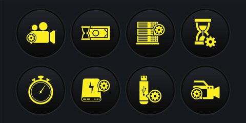 Set Stopwatch, Hourglass setting, Power bank, USB flash drive, Server and Fast payments icon. Vector