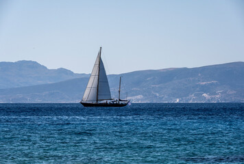 Fototapeta premium landscape overlooking the sea coastal strip and a sea ship on the horizon 