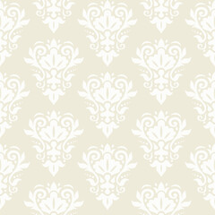Damask seamless pattern. Decorative wallpaper. Damask trendy ornament. White floral ornament on a beige background. Vector texture.