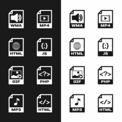 Set JS file document, HTML, WMA, MP4, GIF and PHP icon. Vector