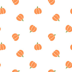 All over Halloween seamless vector repeat pattern with tossed orange and green pumpkin silhouettes on white background. Simple and sophisticated 4 way harvest Thanksgiving backdrop