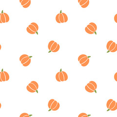 All over Halloween seamless vector repeat pattern with tossed orange and green pumpkin silhouettes on white background. Simple and sophisticated 4 way harvest Thanksgiving backdrop