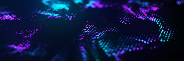 Abstract wave with moving dots and lines. Flow of particles. Cyber technology illustration. 3d rendering