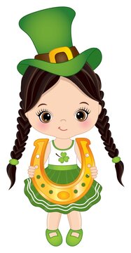 Cute Little Girl Celebrating St. Patrick Day Holding Golden Horseshoe. Vector Saint Patrick Day